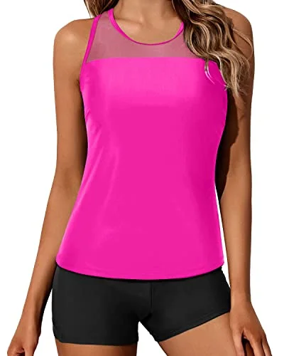 Ruched women swimwear with fabric gathers for a slimming effectSporty Racerback Tankini Top And Boyleg Shorts Swimsuit Set For Women-Neon Pink And Black