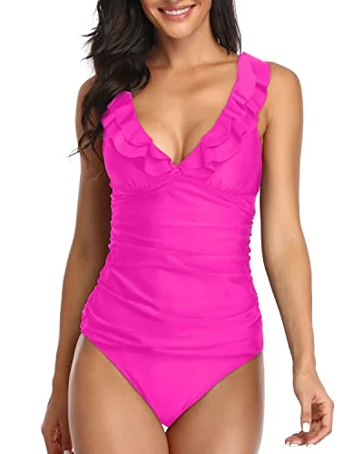 Ruched women swimwear with fabric gathers for a slimming effectWomen's Flattering Two Piece Bathing Suits For A Slimming Silhouette-Neon Pink