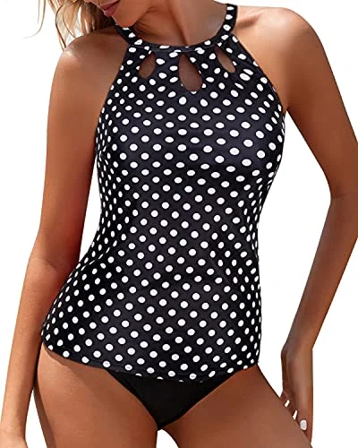 Push - up women swimwear to enhance the bust for a more confident beach lookHigh Neck Halter Top & High Waisted Bottom Two Piece Tankini Swim Suit-Black Dot