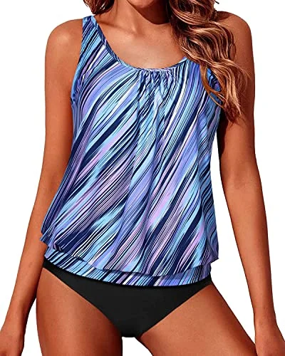 Ruched women swimwear with fabric gathers for a slimming effectSoft Push Up Bra Cups Blouson Tankini Swimsuits For Women-Blue And Black Stripe