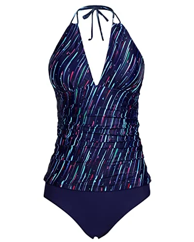 Monokini women swimwear with a unique one - piece - meets - bikini designOpen Back Halter Tankini Tops Bikini Bottom Two Piece-Navy Blue