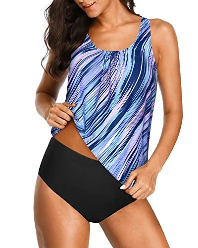 Rash - guard women swimwear for sun protection during water sportsModest And Comfy Tankini Swimsuits For Young Ladies-Blue And Black Stripe