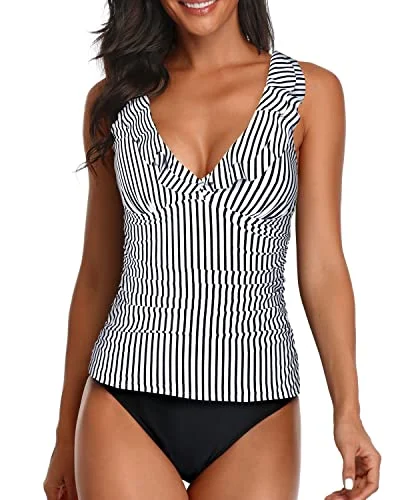 Long - sleeve women swimwear for extra sun protection and modestyElegant Deep V Neck Ruched Swimwear Tummy Control Swimsuits For Women-Black And White Stripe