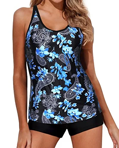 Convertible women swimwear that can be worn in multiple styles for versatility2 Piece Tankini Swimsuits Boy Shorts Athletic Swim Tank Top Bathing Suits-Black Floral