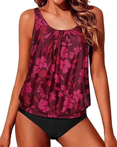 Push - up women swimwear to enhance the bust for a more confident beach lookCute Adjustable Shoulder Straps Tankini Swimsuits For Teen Girls-Red Flower