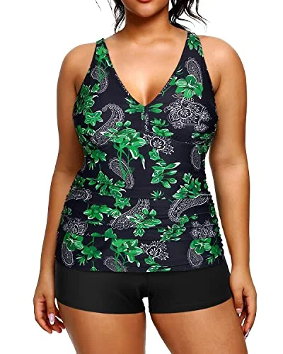 Sustainable women swimwear made from recycled materials for eco - conscious beachgoersAthletic Plus Size Tankini Shorts Tummy Control Two Piece Swimsuits-Green Paisley