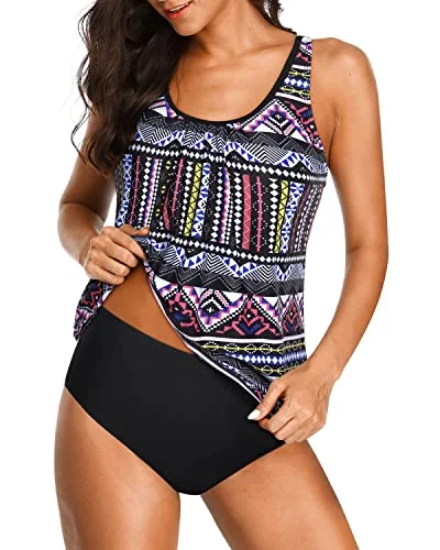 Convertible women swimwear that can be worn in multiple styles for versatilityComfy And Supportive Athletic Swimwear Two Piece Tankini Set For Women-Black Tribal