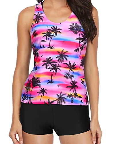 High - waisted women swimwear for a retro and flattering lookModest 3-Piece Tankini High Waist Boy Shorts-Palm Tree