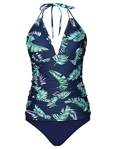 Monokini women swimwear with a unique one - piece - meets - bikini designWomen's Halter Tankini V Neck Tops & Bikini Bottom Bathing Suit Set-Blue Leaves