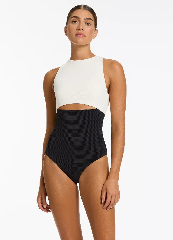 Versa Rib Cut Out High Neck One Piece - Black/Cream