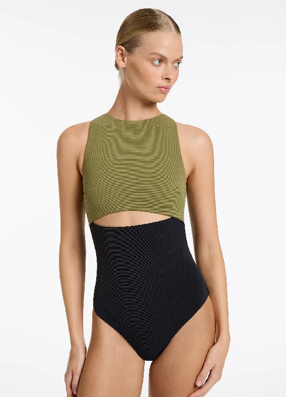 Versa Rib Cut Out High Neck One Piece - Black/Moss