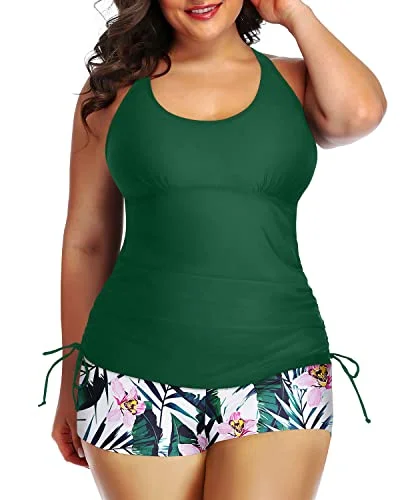 Printed floral women swimwear for a feminine and colorful beach vibeSexy Round Scoop Neckline Plus Size Tankini Swimsuit-Green Tropical Floral