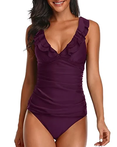 High - performance women swimwear with quick - drying fabric for active swimmersRuffle Flounce Tankini Ruched Swimwear For Women-Maroon