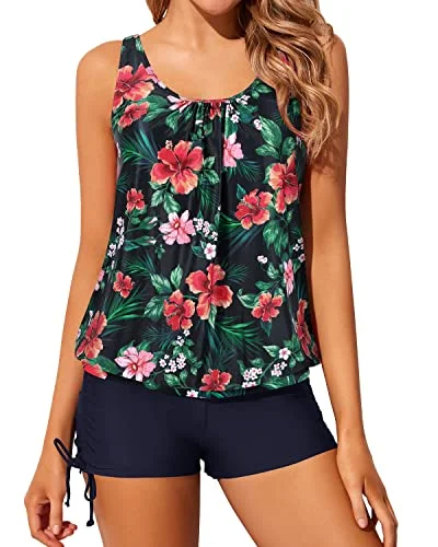 Tropical - print women swimwear for a vacation - ready beach styleModest Print Colorful Blouson Tankini Swimsuits For Women-Navy Blue Flowers