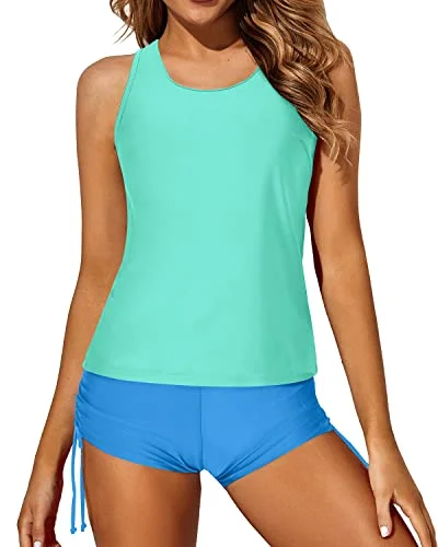 Lace - trimmed women swimwear for an elegant and romantic touchSexy Criss Cross Straps Backless Tankini Set For Women-Blue Green