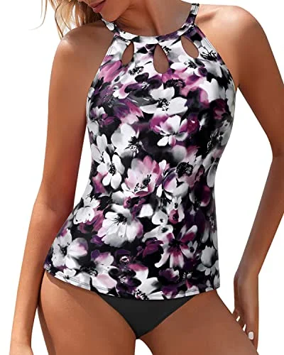 Striped women swimwear with a classic pattern for a timeless beach lookBackless Halter Neck Sexy Tankini Swimsuits For Women High Waisted Shorts-Purple Floral