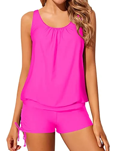 Lace - trimmed women swimwear for an elegant and romantic touchLoose Fit Women's Blouson Tankini Swimwear Modest Coverage-Neon Pink