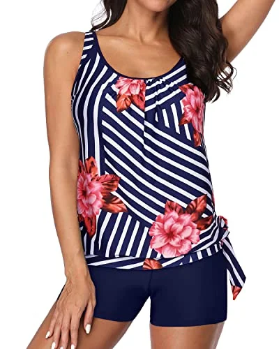 Striped women swimwear with a classic pattern for a timeless beach lookWomen's Blouson Tankini Top Shorts Tummy Control Loose Fit-Blue Floral