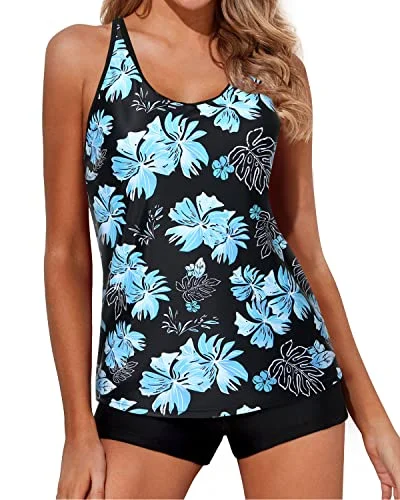 Ruched women swimwear with fabric gathers for a slimming effectAthletic Two Piece Tankini Set For Women Boy Shorts Swimwear-Black Blue Floral