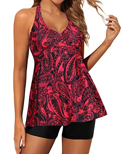 High - performance women swimwear with quick - drying fabric for active swimmersCute & Stylish Tankini Swimsuits For Women Shorts-Red Paisley