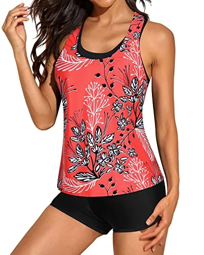 High - performance women swimwear with quick - drying fabric for active swimmers3 Piece U-Neck Tankini Top Shorts For Women-Red Floral