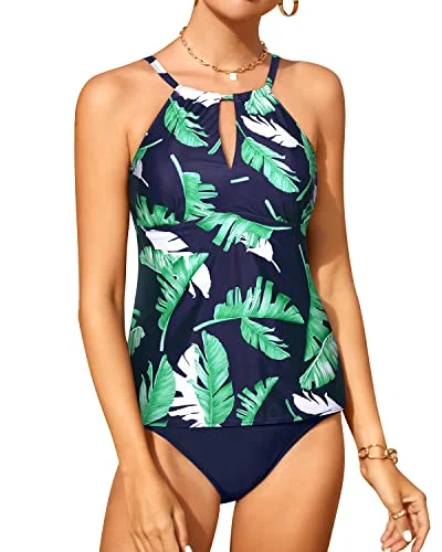 High - waisted women swimwear for a retro and flattering lookTankini Bathing Suits For Women High Waisted Bottom 2 Piece Swimsuit For Women-Blue Leaf