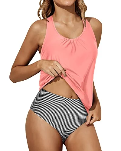 Ruched women swimwear with fabric gathers for a slimming effectBlouson Two Piece Bathing Suits Tummy Control Tankini Swimsuits Women-Coral Pink Stripe