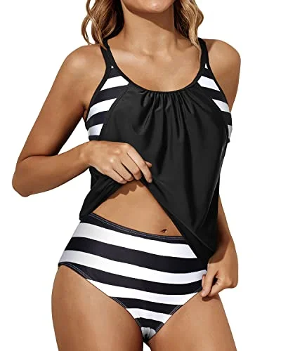 Push - up women swimwear to enhance the bust for a more confident beach lookBlouson Tankini Top Bottom Double Up Bathing Suit Tankini Swimsuits For Women-Black And White Stripe