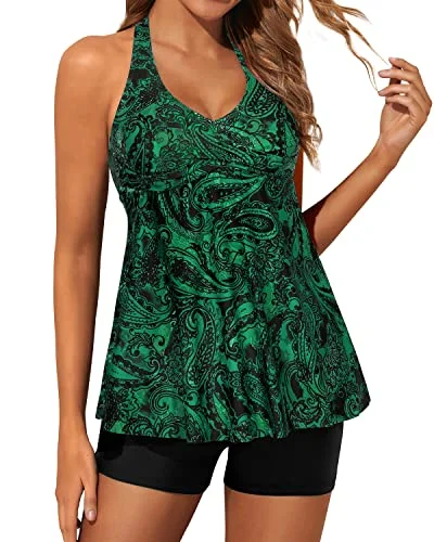 Metallic women swimwear with a shiny finish for a glamorous poolside lookWomen's Strapless Tankini Swimsuit Adjustable Self-Tie And Open Back Detail-Green Paisley