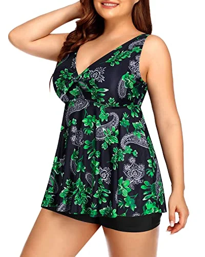 Sustainable women swimwear made from recycled materials for eco - conscious beachgoersFlowy Bathing Suits Shorts And Modest Coverage Tankini Swimsuits For Women-Green Paisley