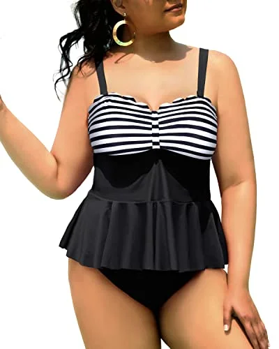 One - piece women swimwear with cut - outs for a stylish and modern appealHigh Waisted Swim Bottom Tummy Control Swimsuits For Curvy Girls-Black And White Stripe