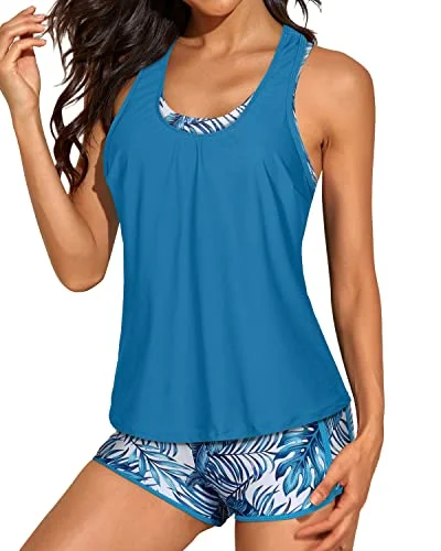 Bikini women swimwear with adjustable straps for a customized fitWomen's Flattering 3-Piece Tankini Open Back & Racerback Sports Bra-Blue Leaf