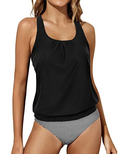 Sustainable women swimwear made from recycled materials for eco - conscious beachgoersTwo Piece Tummy Control Racerback Tank Tops Bottoms Blouson Swimwear-Black Stripe