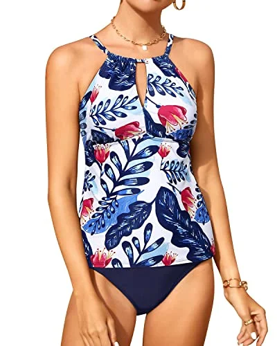 Convertible women swimwear that can be worn in multiple styles for versatilityWomen's Two Piece Tankini Swimsuit Keyhole And Triangle Bottom-White And Blue Floral