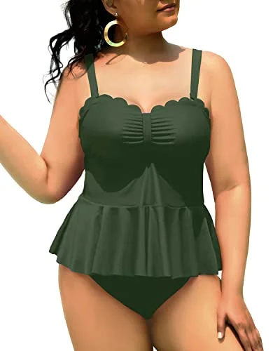 Lace - trimmed women swimwear for an elegant and romantic touchTwo Piece Black Swimsuits For Women Plus Size Ruffle Hem-Army Green