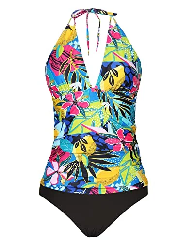 Long - sleeve women swimwear for extra sun protection and modestyBackless Halter Tankini Swimsuits Bikini Bottom Tummy Control-Colourful