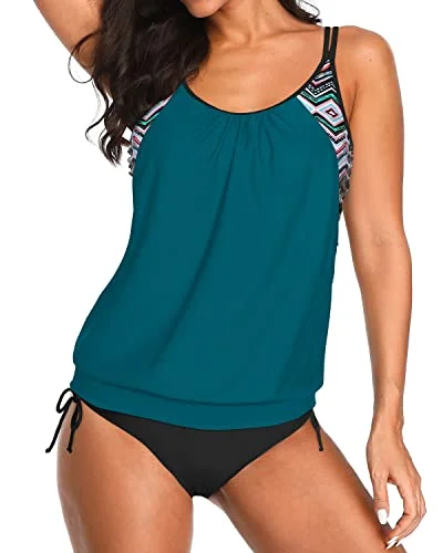 Long - sleeve women swimwear for extra sun protection and modestyWomen's Athletic Two Piece Bathing Suits 2 Piece Blouson Tankini-Teal