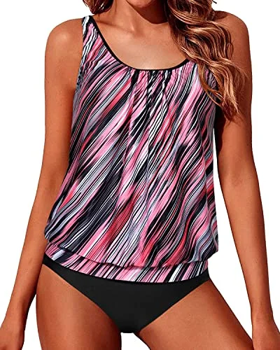 Tropical - print women swimwear for a vacation - ready beach styleAdjustable Shoulder Straps Blouson Tankini Swimsuits For Women-Pink Stripe