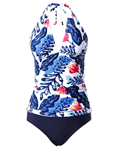 Convertible women swimwear that can be worn in multiple styles for versatilitySexy And Cute Open Back Swimsuits Floral Bikini Bottom Two Piece Tankini-White And Blue Floral