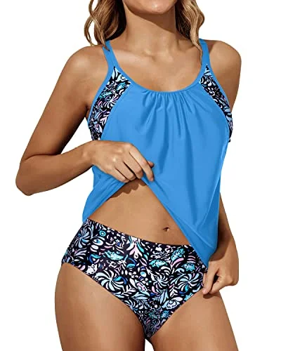 High - waisted women swimwear for a retro and flattering lookWomen's 2 Piece Tankini Swimsuit Set Blouson Top And Bottom-Blue Floral