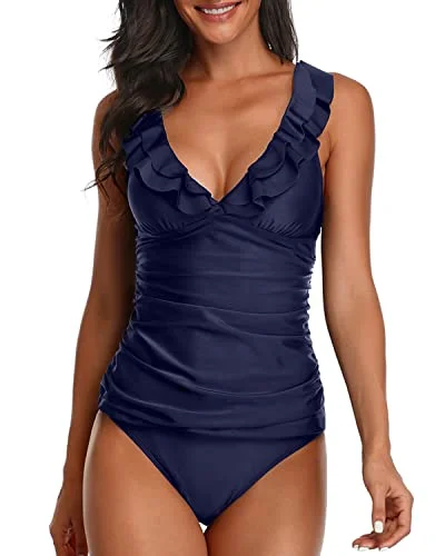 Ruched women swimwear with fabric gathers for a slimming effectTummy Control Ruffle Tankini Swimwear For Women-Navy Blue