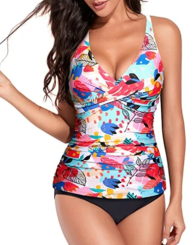 Long - sleeve women swimwear for extra sun protection and modestyTwist Front Cross Back Two Piece Tankini Bathing Suits For Women-Colorful Leaves