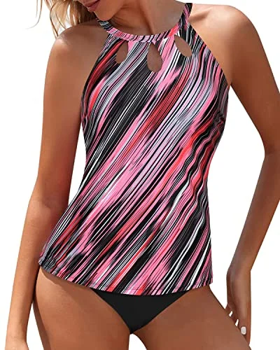 High - performance women swimwear with quick - drying fabric for active swimmersComfortable And Trendy High Waisted Two Piece Tankini Swimsuit-Pink Stripe