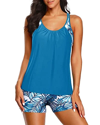 Tropical - print women swimwear for a vacation - ready beach styleWomen Loose Tankini Boy Shorts Tummy Control Two Piece Swimsuits-Blue Leaf