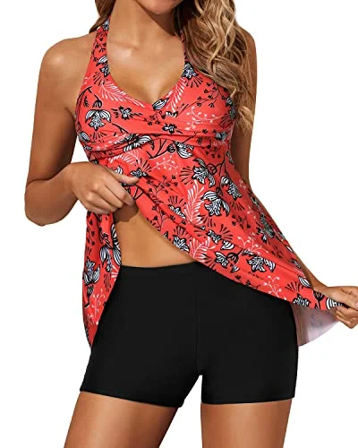 Neon - colored women swimwear to stand out on the beachFlattering Twist Front Tankini Swimsuits For Women Shorts-Red Floral