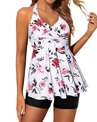 Convertible women swimwear that can be worn in multiple styles for versatilityTwo Piece Tankini Swimsuits For Women Shorts Halter V Neck Bathing Suits-White Floral