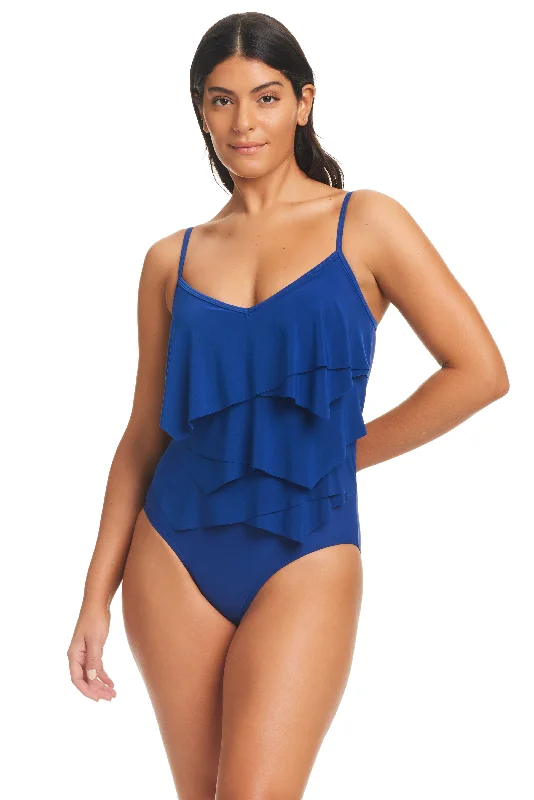 Beyond Tummy Control Solid Essentials Geometric Overlay One Piece Swimsuit