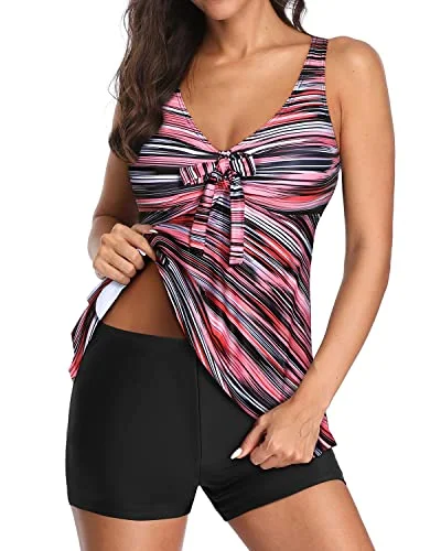 High - waisted women swimwear for a retro and flattering lookTwo Piece Tankini Swimsuits Soft And Comfortable Fabric For Women-Pink Stripe