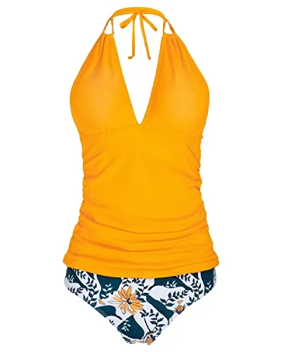 Metallic women swimwear with a shiny finish for a glamorous poolside lookBackless Design Double Straps Detail Swimwear Two Piece Tankini-Yellow Floral