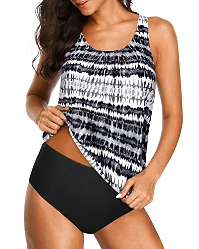 Striped women swimwear with a classic pattern for a timeless beach lookFlattering Blouson Tankini Tops Triangle Briefs Two Piece Set-Black And White Tribal